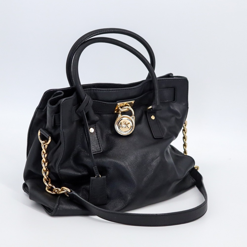 Michael Kors Hamilton Satchel Women Large Black Leather Gold Padlock Tote Bag